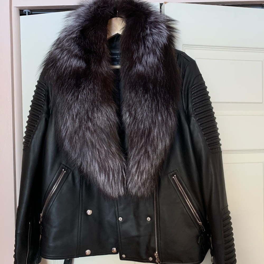 Women’s Black Leather Jacket with Removable Fox Fur Collar